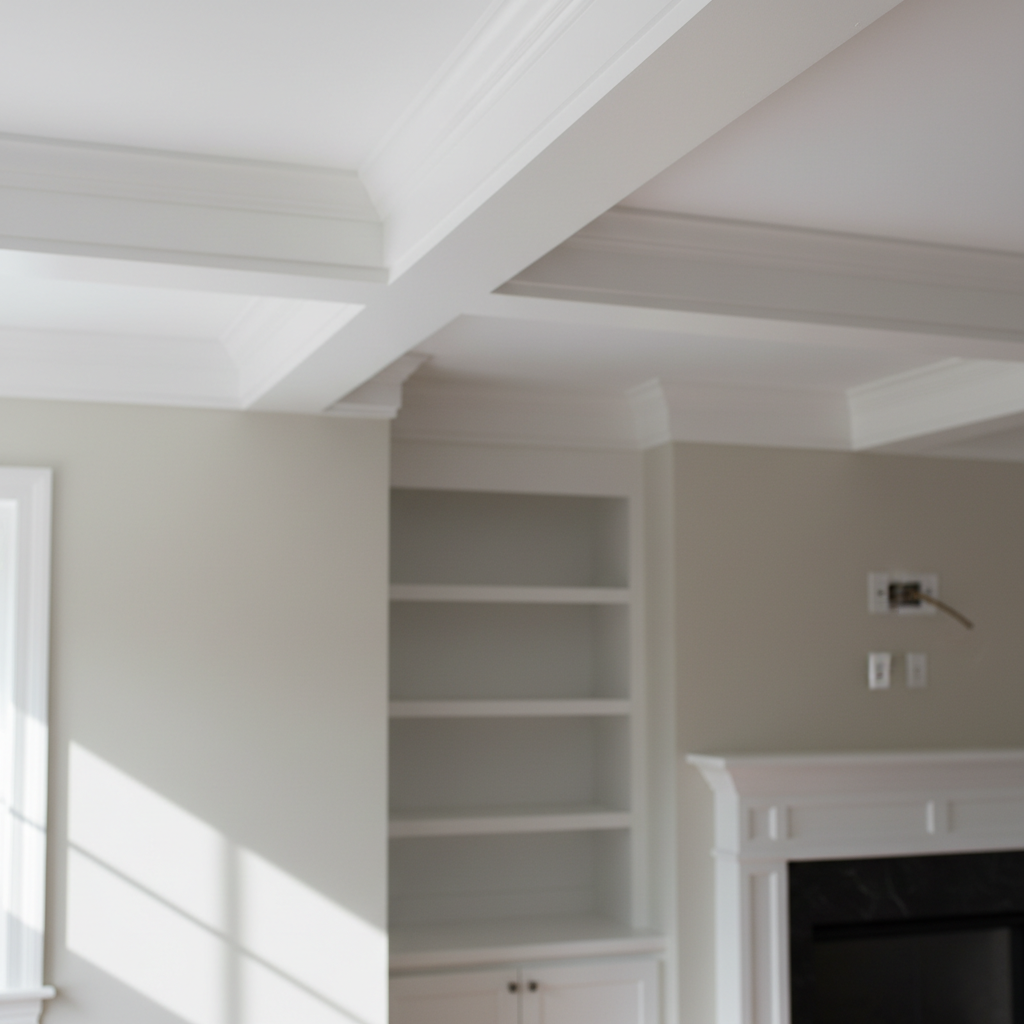 A detailed close-up of interior trim and custom carpentry work in a remodeled living room of a southeastern Massachusetts home. The image focuses on a perfectly mitered crown molding transition at the junction of a coffered ceiling beam and a smooth, freshly painted wall, with additional built-in shelving and a fireplace surround subtly visible in the softly blurred background. Natural window light from the side creates gentle shadows that emphasize the crisp lines and smooth surfaces of the woodwork. Photographic realism with a shallow depth of field, captured from a slightly upward angle. The mood is refined and professional, highlighting the precision, care, and craftsmanship that go into high-quality remodeling rather than mass-produced or generic finishes.