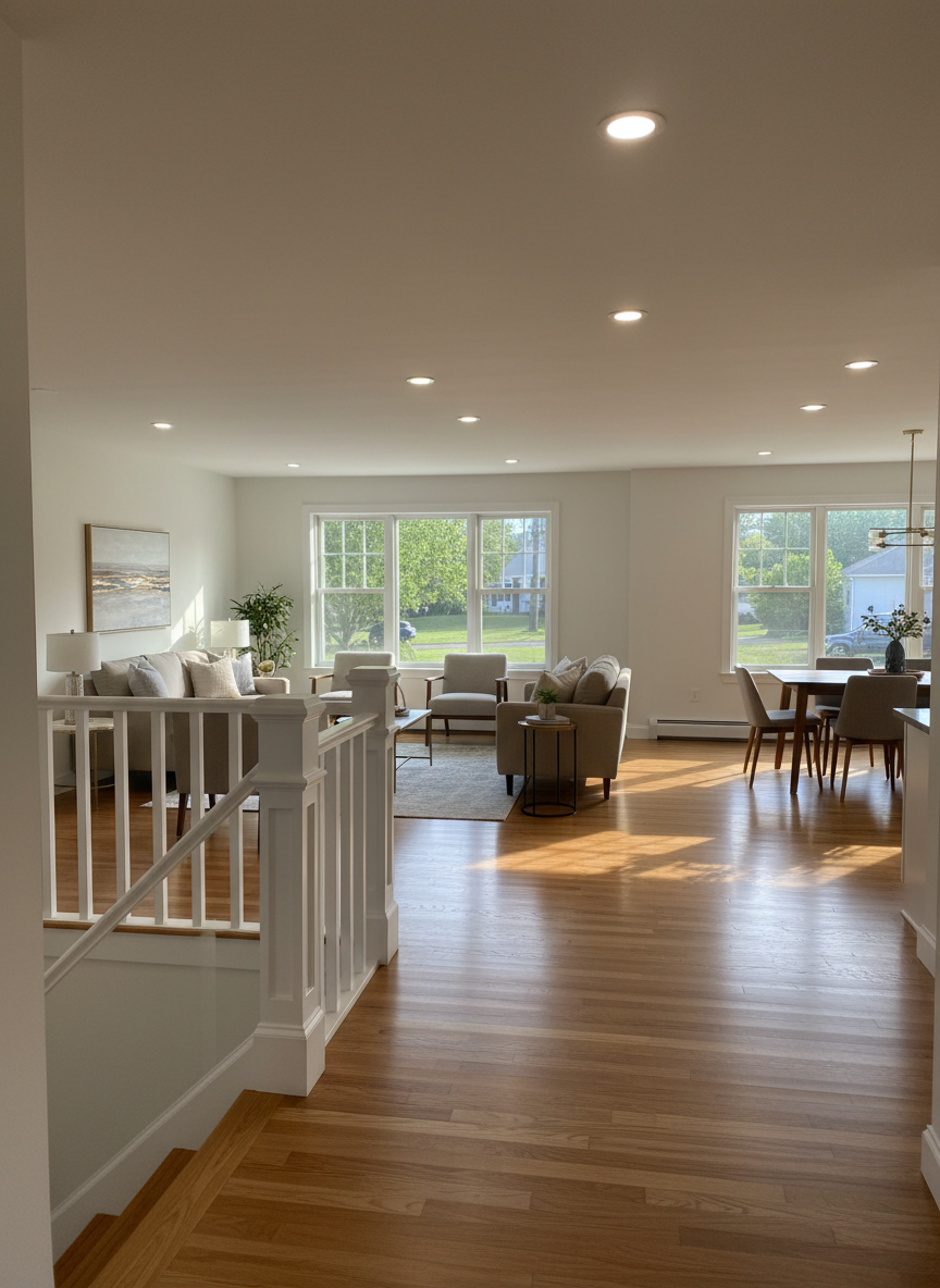 A sunlit, newly remodeled open-plan living and dining area in a Northern Rhode Island home, displaying flawless drywall, smooth ceilings with recessed lighting, and continuous hardwood flooring that runs from the entryway to a distant dining nook. A custom-built half wall with square newel posts subtly separates spaces, while large replacement windows frame leafy suburban views. Natural mid-morning light pours through, creating soft, elongated shadows and a warm, inviting glow across the wood grain. Photographic realism at eye level, with a balanced composition that leads the eye from foreground to background, emphasizing the cohesive flow, high-quality finishes, and dependable construction that tie the entire first floor together.