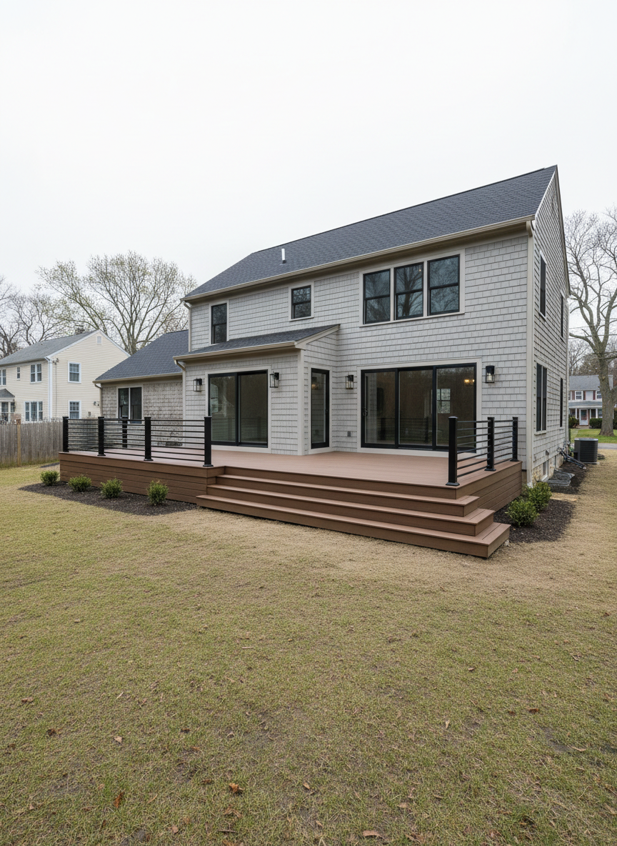 A comprehensive whole-home remodeling scene in a real southeastern Massachusetts neighborhood, captured from the back of the property. A two-story addition with matching siding and roofing extends the original house, featuring large sliding glass doors leading to a new composite deck with aluminum railings and wide steps down to a freshly graded, seeded yard. The existing structure and new construction blend seamlessly with aligned rooflines, consistent trim details, and well-integrated foundation work. Soft overcast daylight provides even, neutral lighting that reveals textures of siding, decking, and concrete with minimal harsh shadows. Photographic realism, wide-angle shot from a ground-level perspective, conveying a sense of permanence, structural integrity, and thoughtful design for long-term family living.