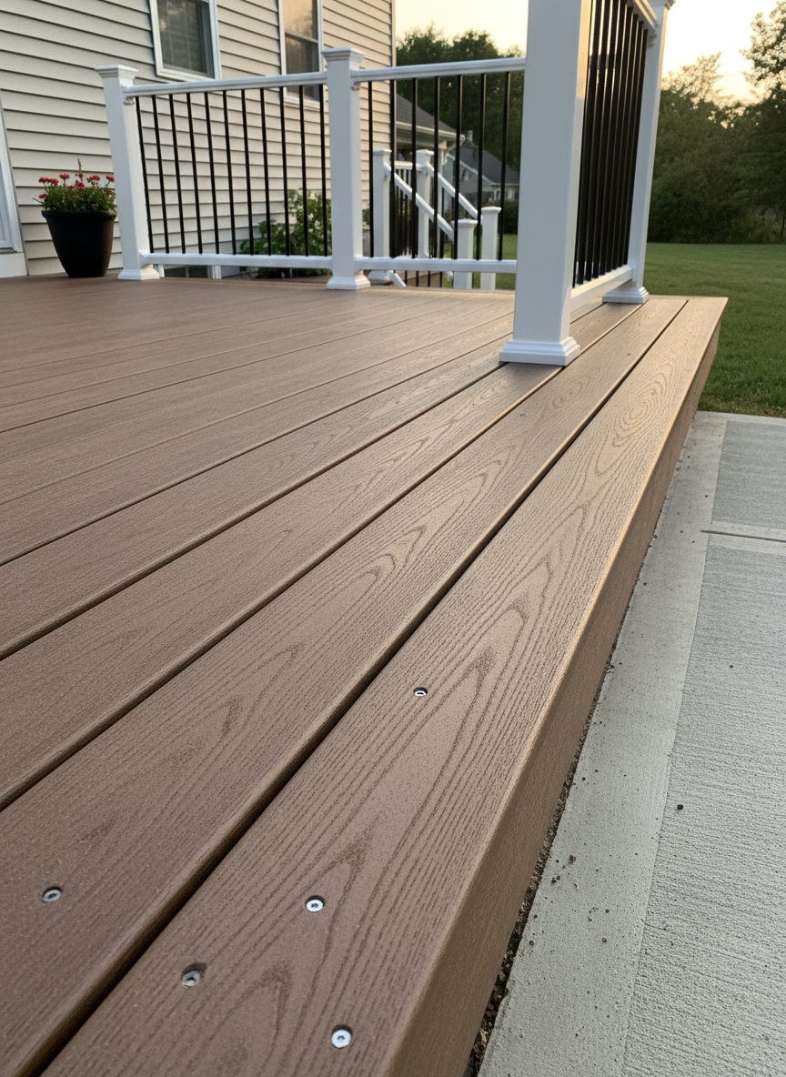 A detailed, photographic close-up of a newly constructed composite deck on a southeastern Massachusetts home, showing the rich brown, wood-grain texture of the decking boards, the precisely spaced stainless fasteners, and sturdy white PVC railings with black aluminum balusters. The edge of the deck features clean, picture-frame borders, meeting a neatly poured concrete landing and well-tamped crushed stone below. Late-afternoon sunlight casts gentle highlights along the board edges and subtle shadows between balusters. The camera is positioned at low angle near the deck surface, creating a sense of depth as the lines lead toward the house’s back façade. The mood is solid, durable, and inviting, underscoring exterior construction and outdoor living upgrades that are built to last in New England weather.
