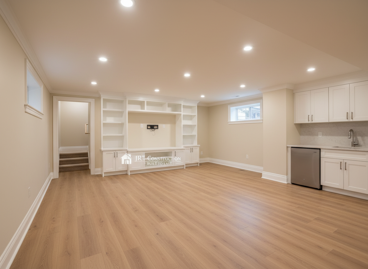 A bright, freshly completed finished basement remodel in a Northern Rhode Island home, transformed into a versatile family living space. The room features smooth, flawlessly painted walls in a warm neutral tone, recessed LED ceiling lights, luxury vinyl plank flooring in a natural oak look, and a built-in media wall with custom cabinetry and integrated shelving. A small kitchenette with stone-look countertops and a stainless steel undercounter fridge anchors one corner. Photographic realism, wide-angle composition at eye level, with sharp focus on the quality of trim work, baseboards, and clean transitions at stairs and doorways. Soft, even lighting creates a welcoming, practical atmosphere, showcasing JRT Construction’s ability to turn underused spaces into polished, long-lasting living areas.