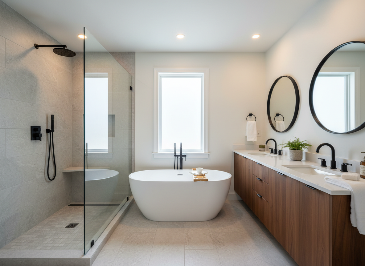 A fully renovated spa-like bathroom in a southeastern Massachusetts home, featuring a frameless glass walk-in shower with large-format porcelain tiles that resemble light gray stone, a freestanding white soaking tub, and a custom-built double vanity with rich walnut cabinetry and quartz countertops. Matte black fixtures and precisely aligned grout lines highlight careful craftsmanship. Soft, diffused daylight enters from a frosted window, supplemented by warm recessed ceiling lights that create gentle reflections on the fixtures without glare. Photographic realism, shot from a slightly elevated angle to capture the full layout. The mood is calm, clean, and high-end, emphasizing durable materials and meticulous residential remodeling work rather than a generic catalog scene.