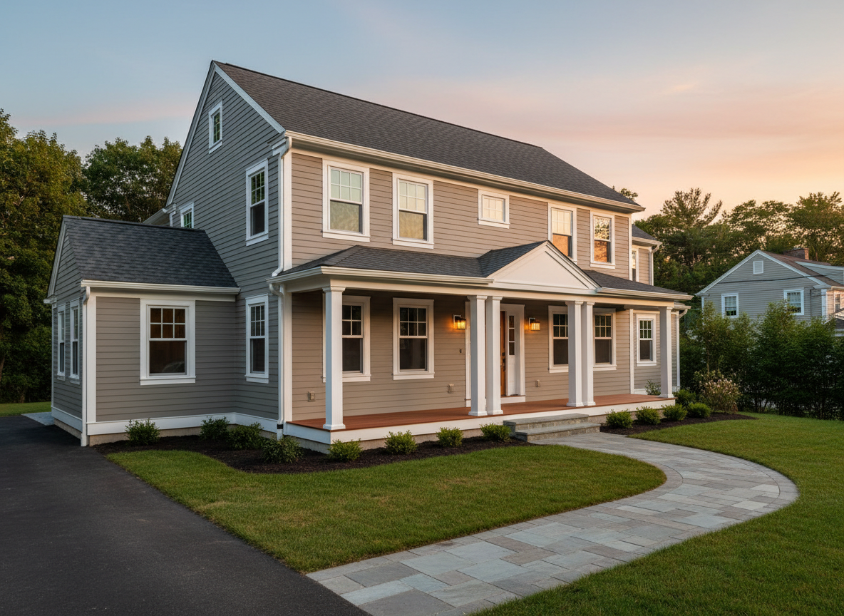 A meticulously finished exterior renovation of a classic New England colonial home in Northern Rhode Island, showcasing new fiber-cement clapboard siding in a soft gray tone, crisp white trim, and an inviting mahogany front porch with sturdy square columns and stone steps. The roof features architectural shingles with precise, clean lines, and energy-efficient double-hung windows reflect the quiet neighborhood street. Captured during golden hour with warm, natural sunlight washing across the façade, the sky softly glowing behind. Photographic realism from a slightly low, three-quarter front angle, with the driveway, walkway, and carefully edged lawn framing the house. The mood is solid, dependable, and enduring, emphasizing expert exterior construction and remodeling for real local homes.