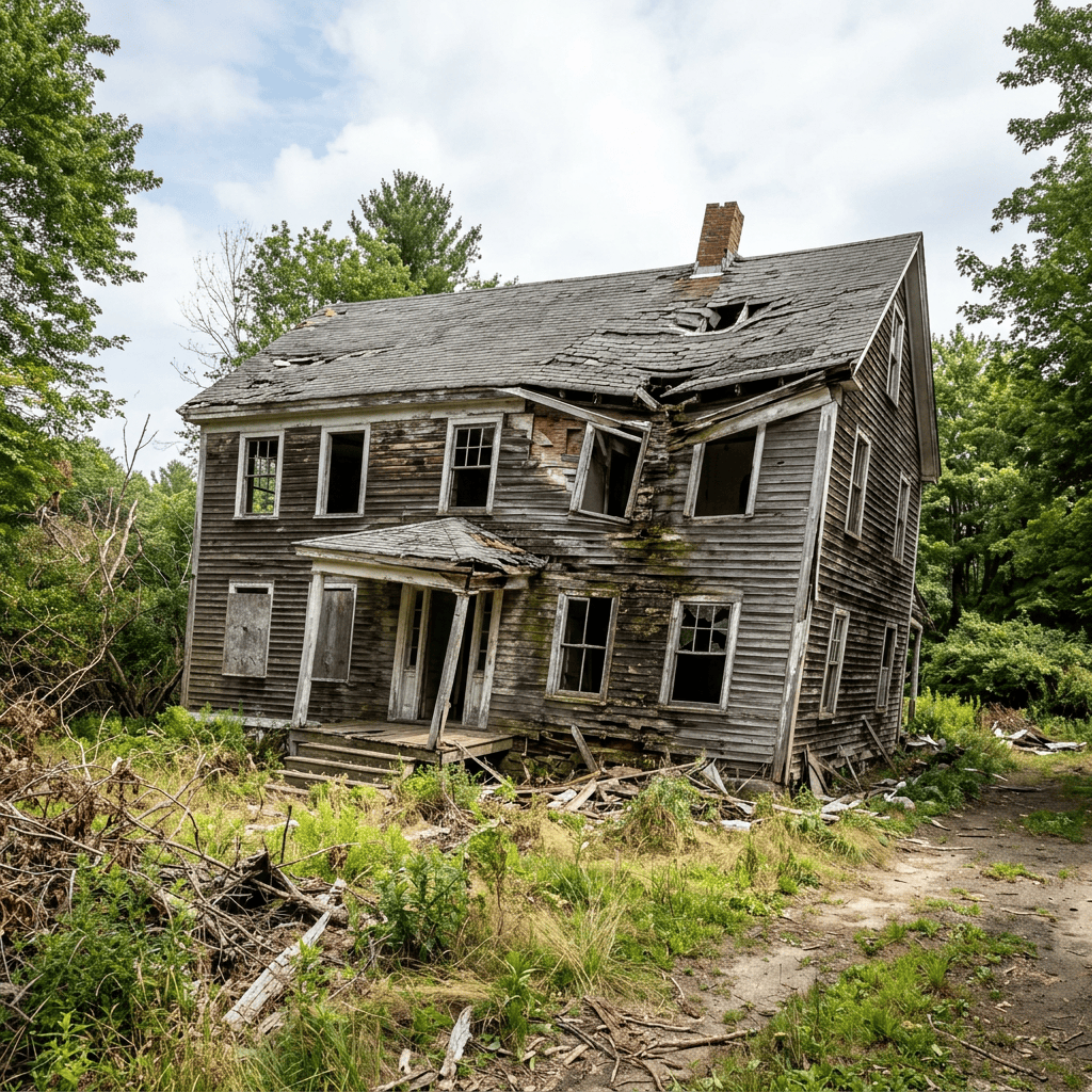 Deck Renovation Results From June To October Dilapidated wooden farmhouse surrounded by overgrown vegetation