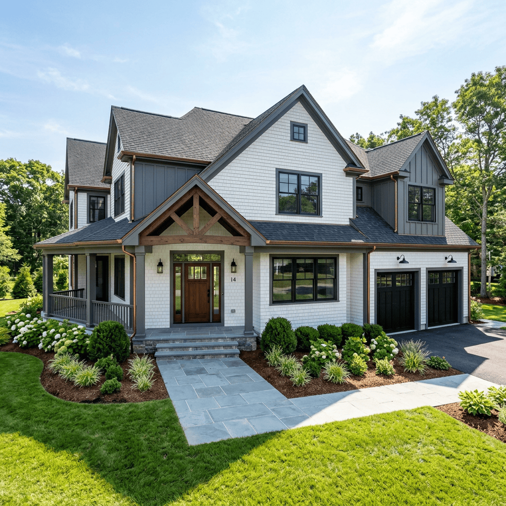 Landscaped Craftsman-style home with porch, timber accents, and two-car garage
